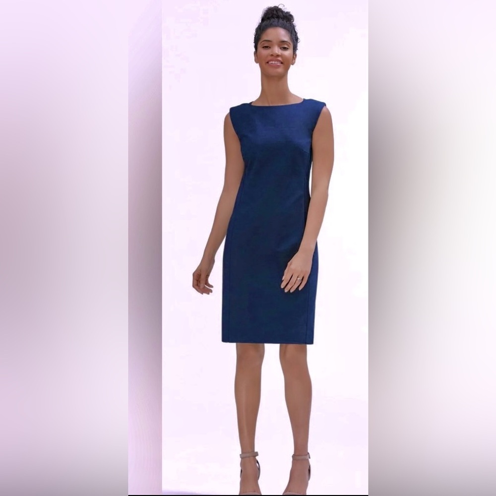 MM LaFleur The Dema Sheath Dress in Navy French Terry Boatneck Tucked Shoulders
